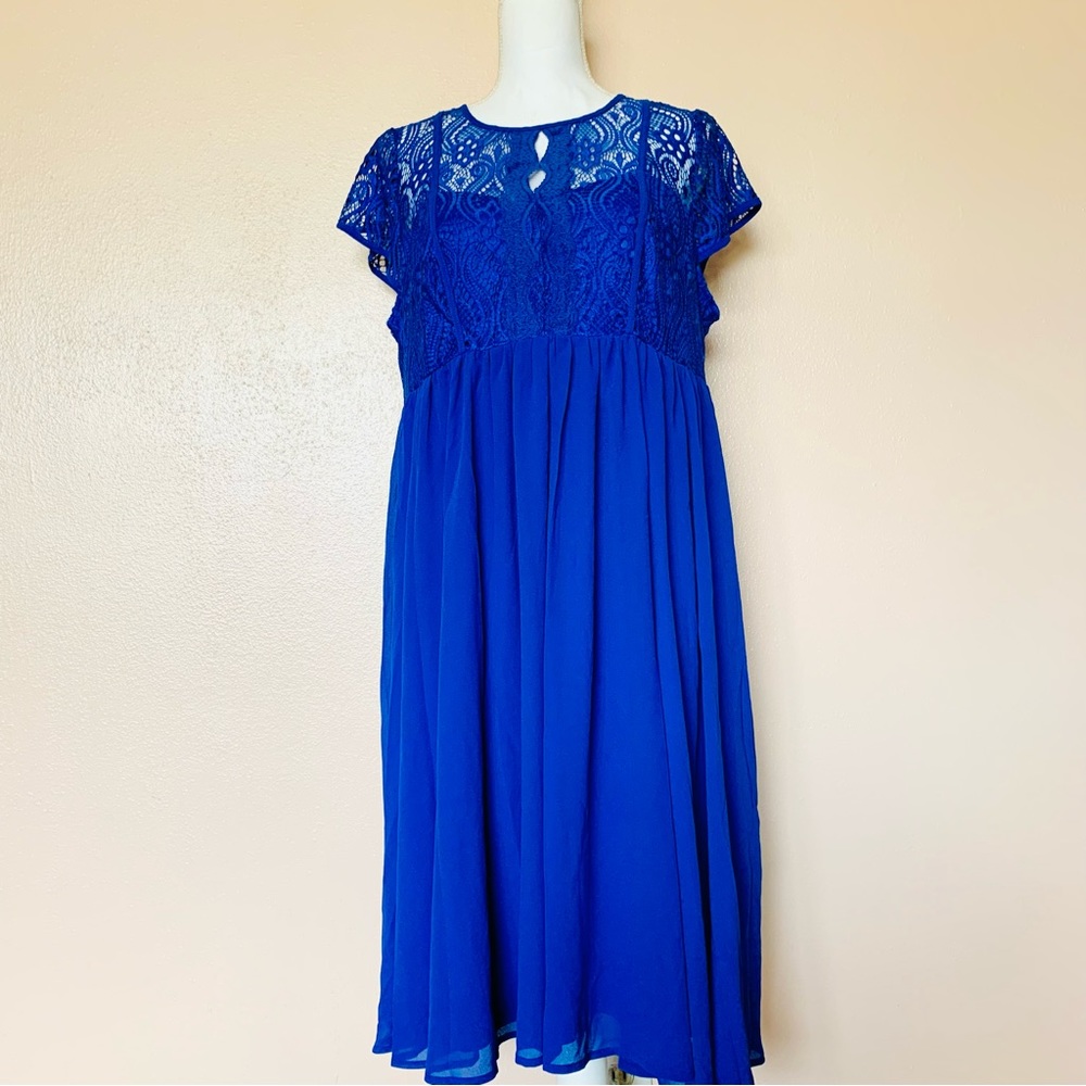 SHEIN Curve Belle Royal Blue Lace Mesh Chiffon Dress.